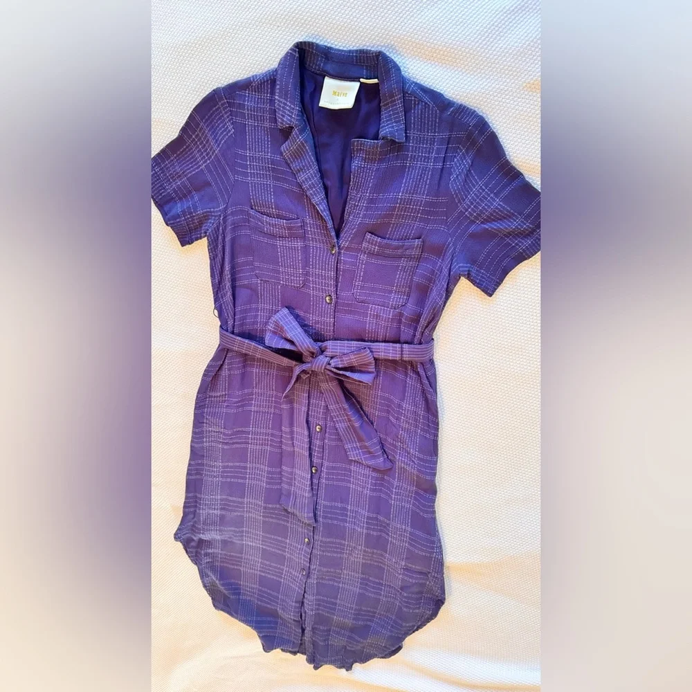MAEVE Anthropologie Aria Textured Linen Navy Blue Shirtdress Midi Shirt Dress